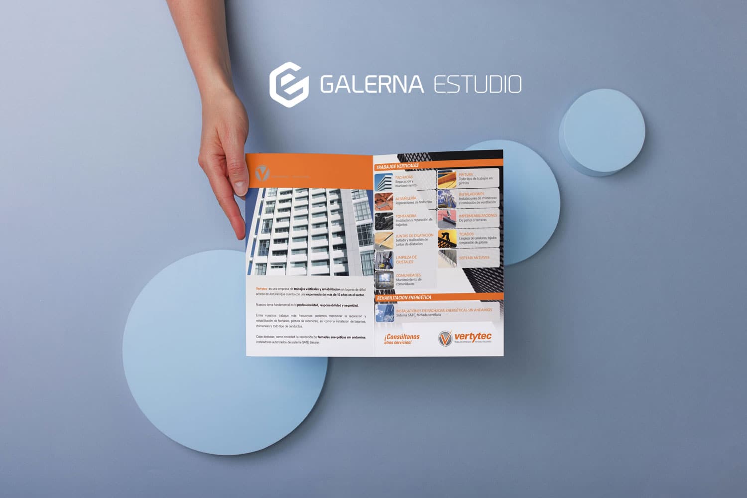Diseño gráfico de díptico corporativo de Vertytec